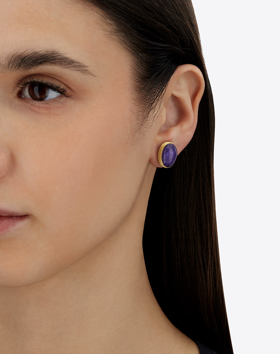 Violetta “Muse” stud earrings in engraved gold, lepidolite and mother-of-pearl (small)