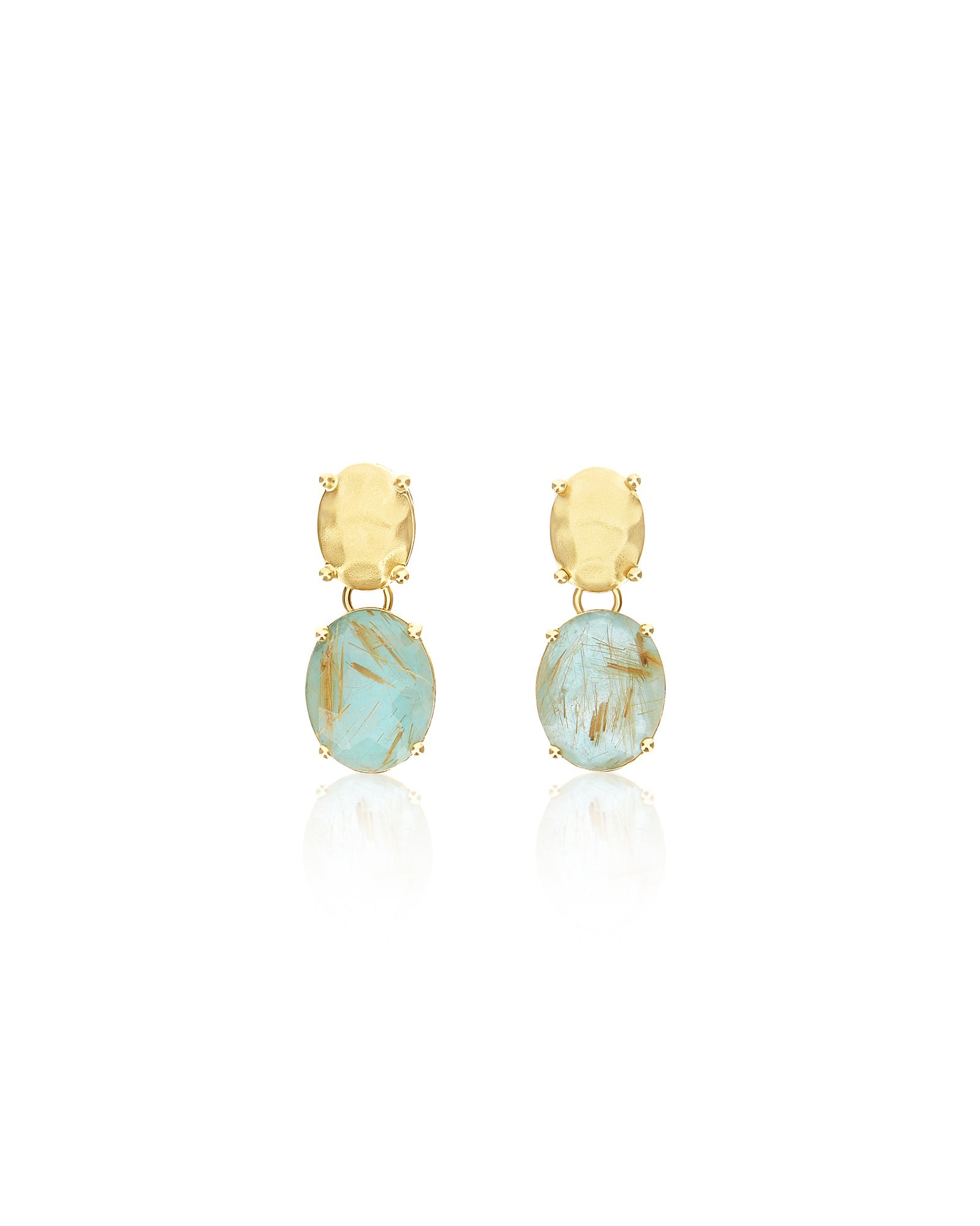 "Ipanema Maré" dangle earrings in polished gold with triplet of rutilated quartz, mother-of-pearl and amazonite