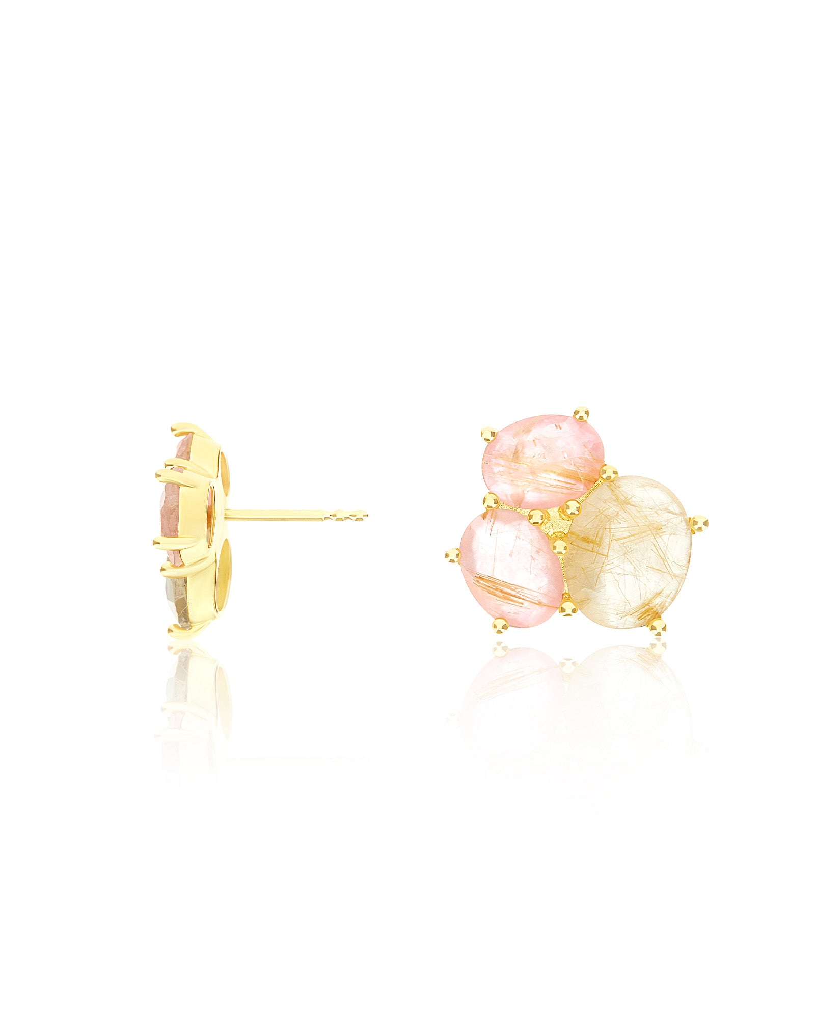 "Ipanema Sol" trilogy earrings in polished gold with triplet of rutilated quartz, mother-of-pearl and pink jade