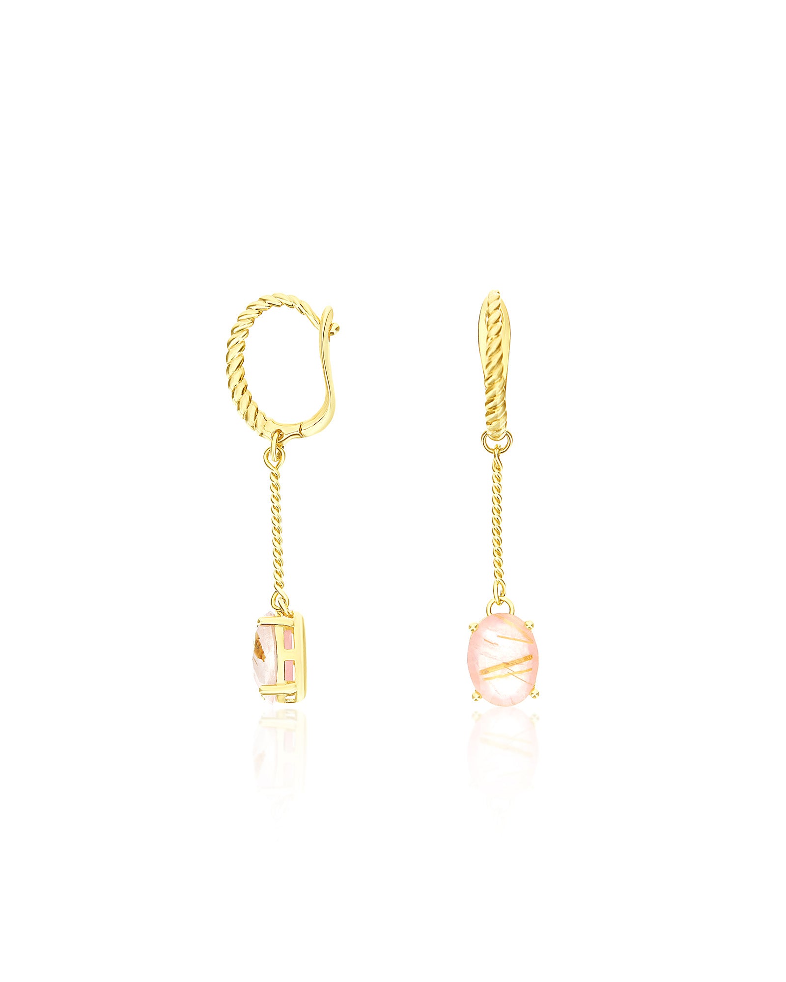 "Ipanema Sol" long dangle earrings in polished gold with triplet of rutilated quartz, mother-of-pearl and pink jade (large)