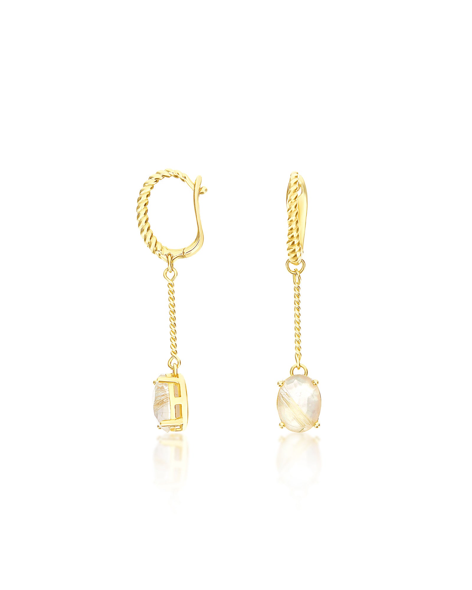 "Ipanema Duna" long dangle earrings in polished gold with triplet of rutilated quartz and mother-of-pearl (large)