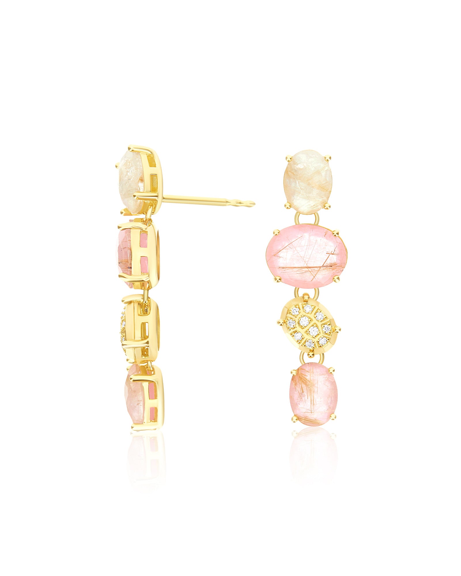 "Ipanema Sol" tapered earrings in polished gold with triplet of rutilated quartz, mother-of-pearl, pink jade and diamonds (small)