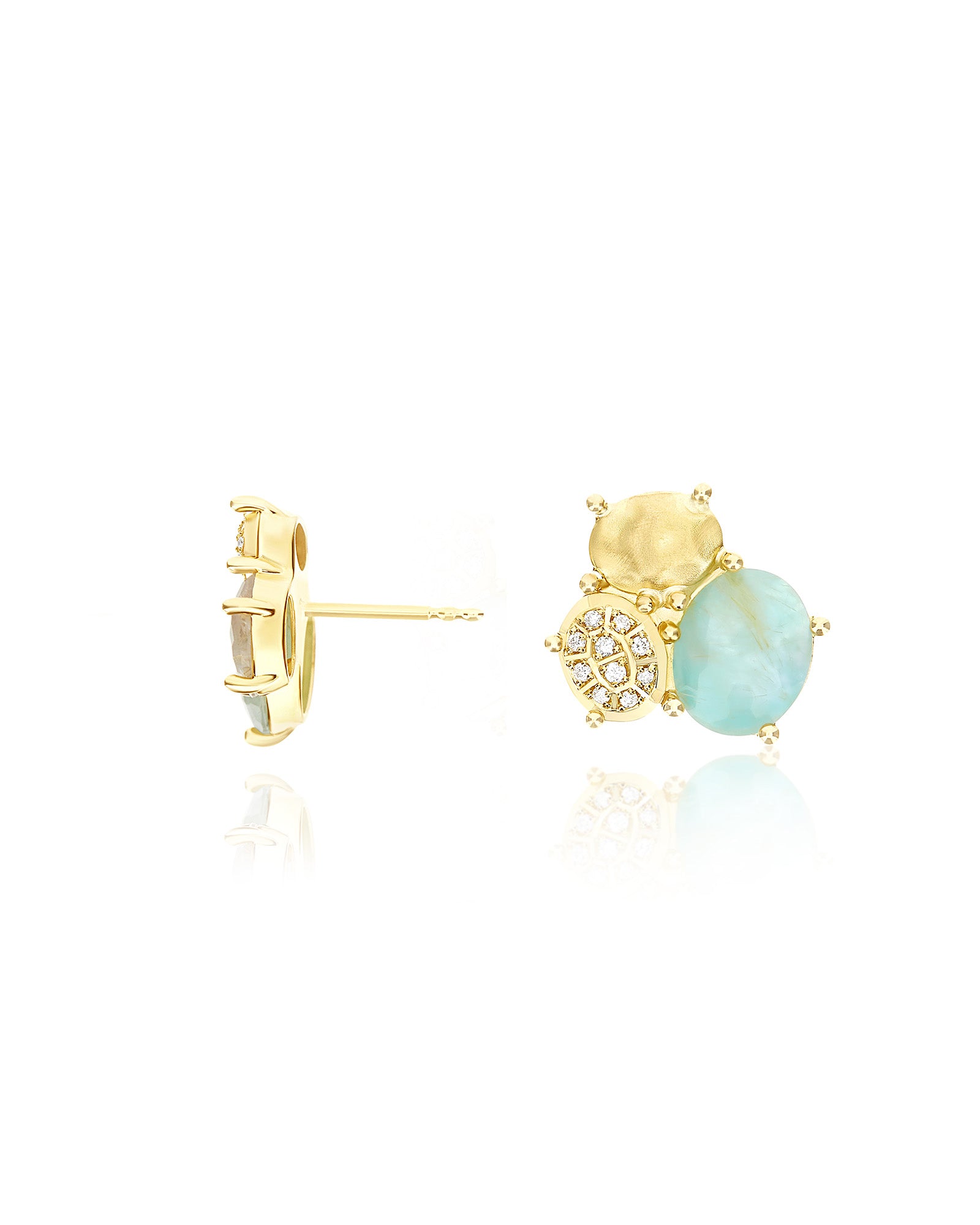 "Ipanema Maré" trilogy earrings in polished gold with triplet of rutilated quartz, mother-of-pearl and diamonds