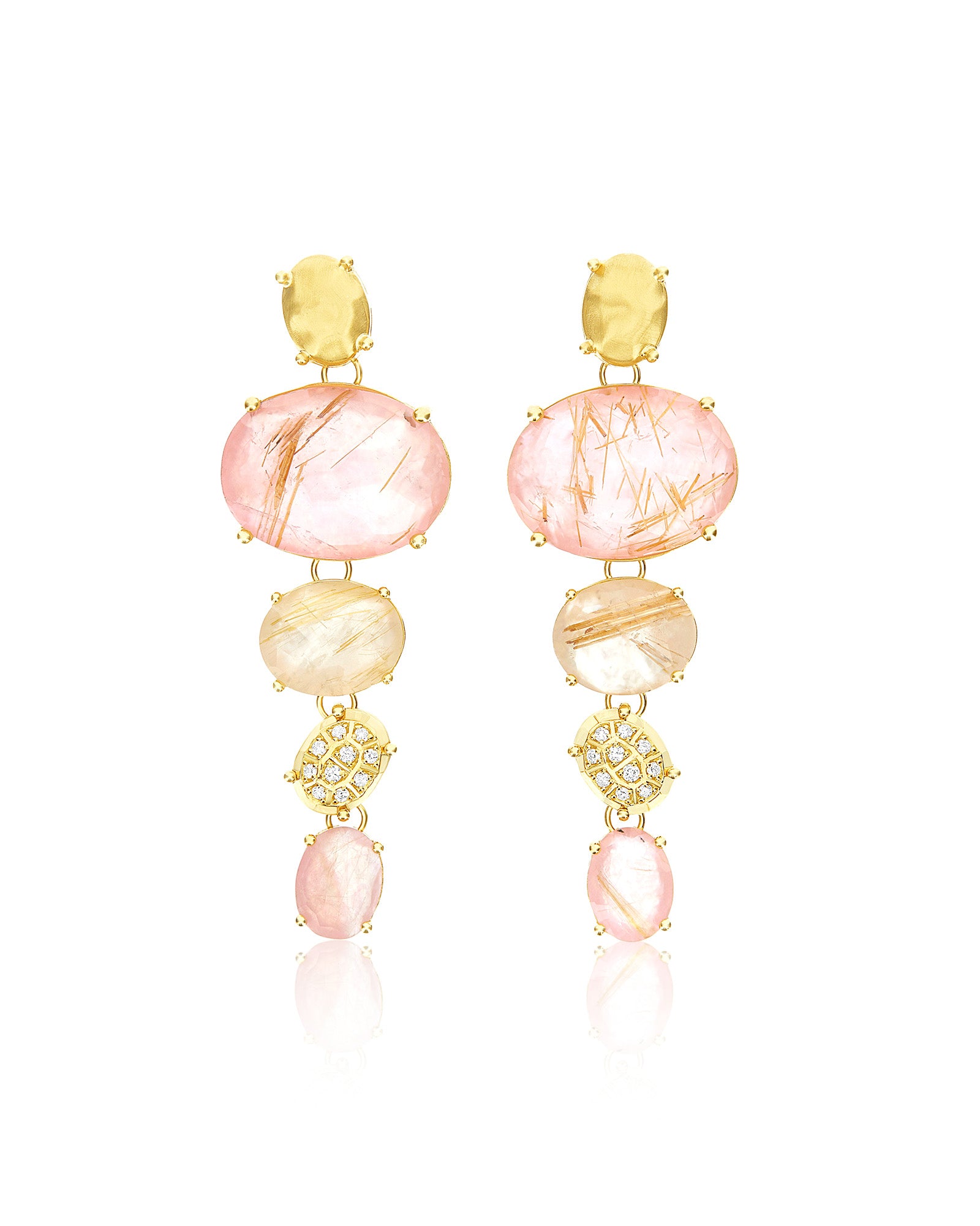 "Ipanema Sol" tapered earrings in polished gold, with triplet of rutilated quartz, mother-of-pearl, pink jade and diamonds (large)