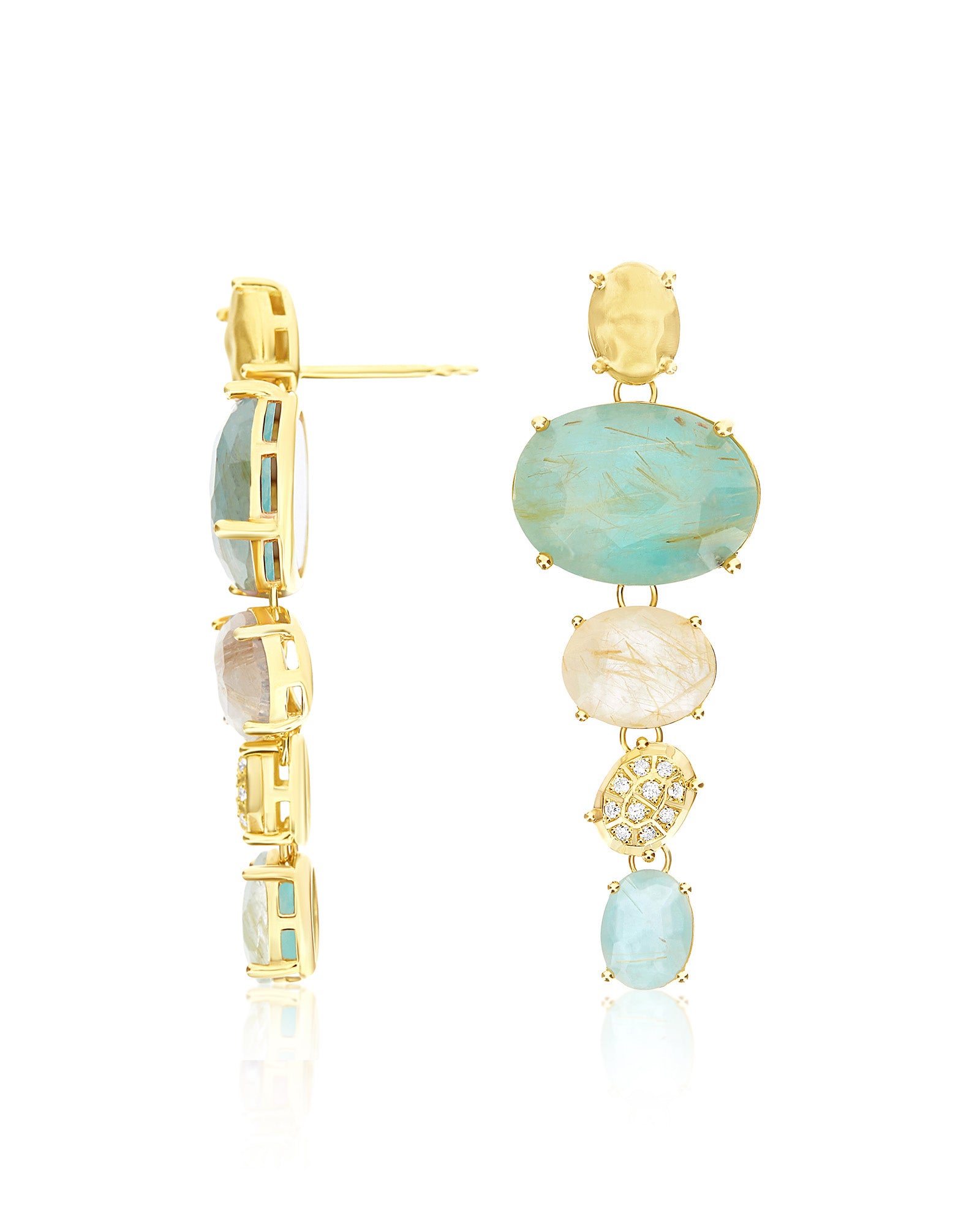 "Ipanema Maré" tapered earrings in polished gold with triplet of rutilated quartz, mother-of-pearl and diamonds (large)