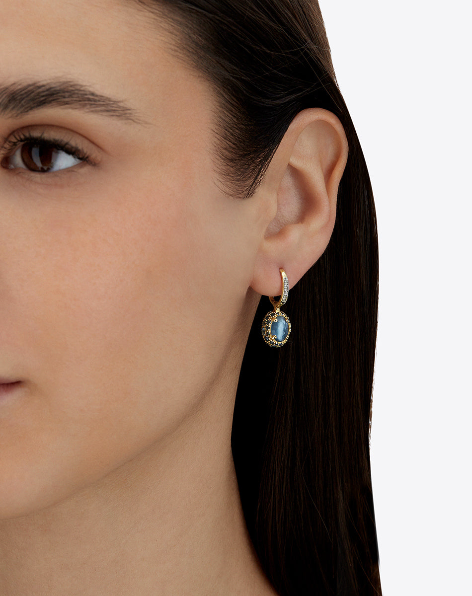 "Reverse" Ciliegine Gold, Blue Diamonds, Swiss Blue Topaz, Green Sapphires and London Blue Topaz Double-face Ball Drop Earrings (SMALL)