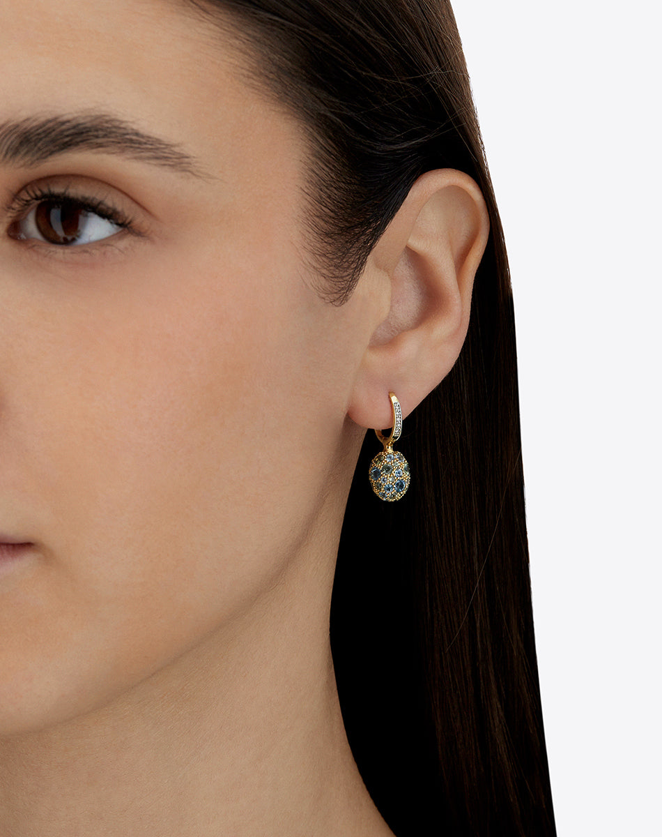 "Reverse" Ciliegine Gold, Blue Diamonds, Swiss Blue Topaz, Green Sapphires and London Blue Topaz Double-face Ball Drop Earrings (SMALL)
