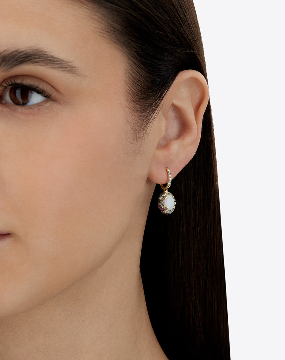 "Reverse" Ciliegine Gold, Pink Sapphires, Rubies, White Australian Opal and Diamonds Double-face Ball Drop Earrings (SMALL)