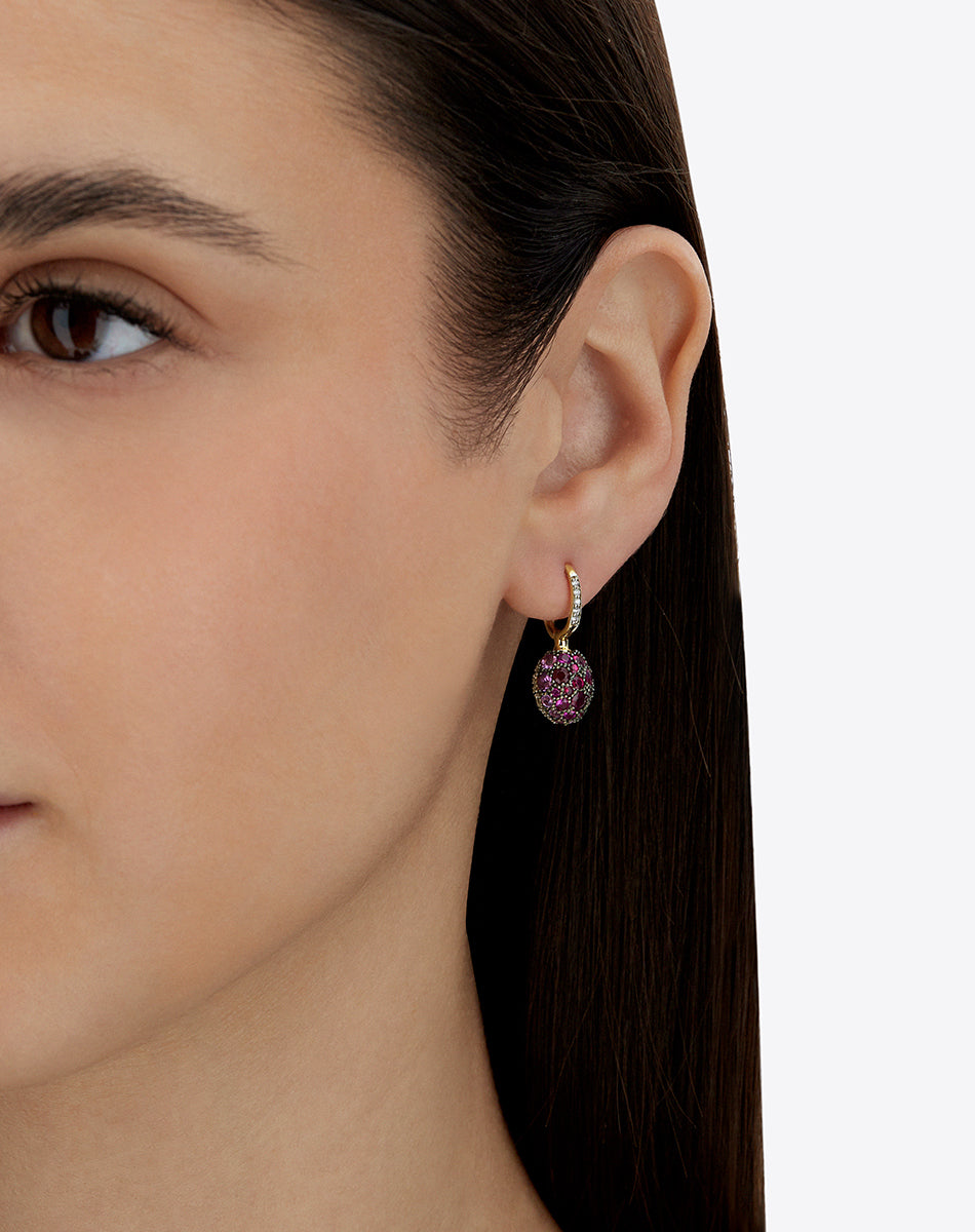 "Reverse" Ciliegine Gold, Pink Sapphires, Rubies, White Australian Opal and Diamonds Double-face Ball Drop Earrings (SMALL)