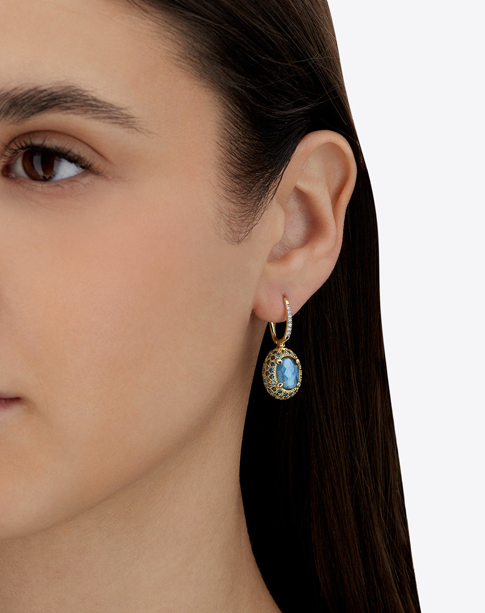 "Reverse" Ciliegine Gold, Blue Diamonds, Swiss Blue Topaz, Green Sapphires and London Blue Topaz Double-face Ball Drop Earrings (MEDIUM)