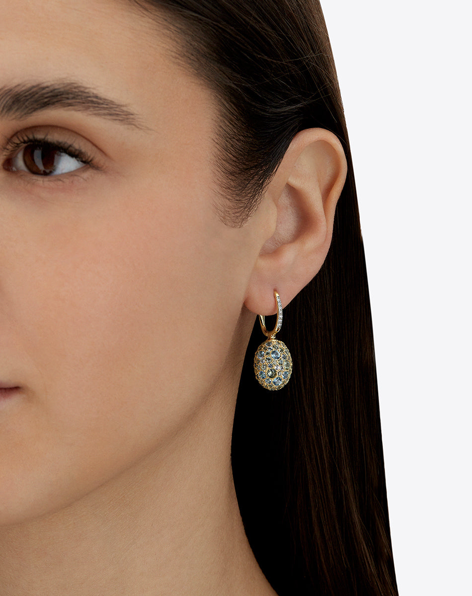 "Reverse" Ciliegine Gold, Blue Diamonds, Swiss Blue Topaz, Green Sapphires and London Blue Topaz Double-face Ball Drop Earrings (MEDIUM)