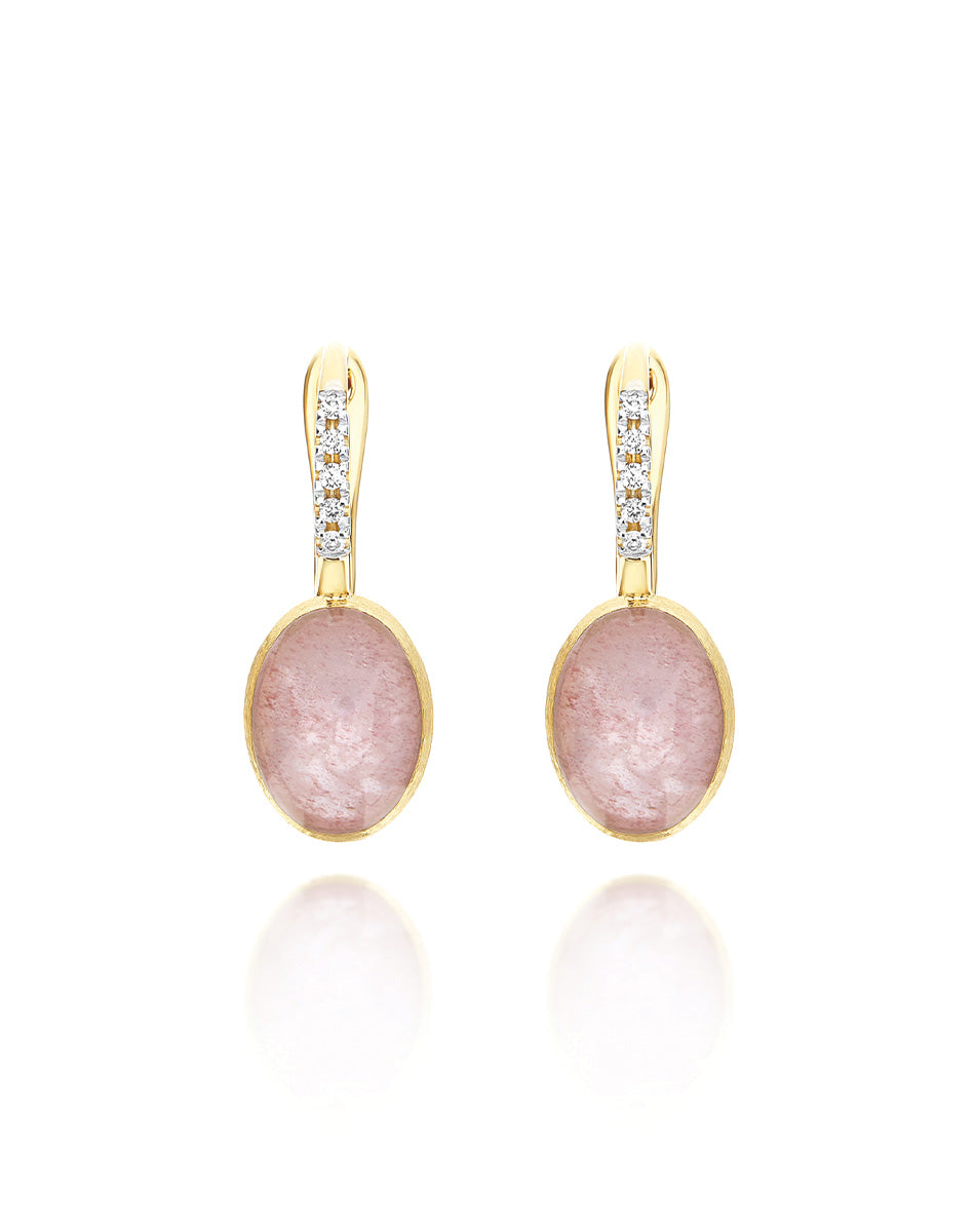 "Boules" Rosolio Ciliegine gold, rock crystal, strawberry quartz, and mother-of-pearl ball drop earrings with diamonds details (Small)
