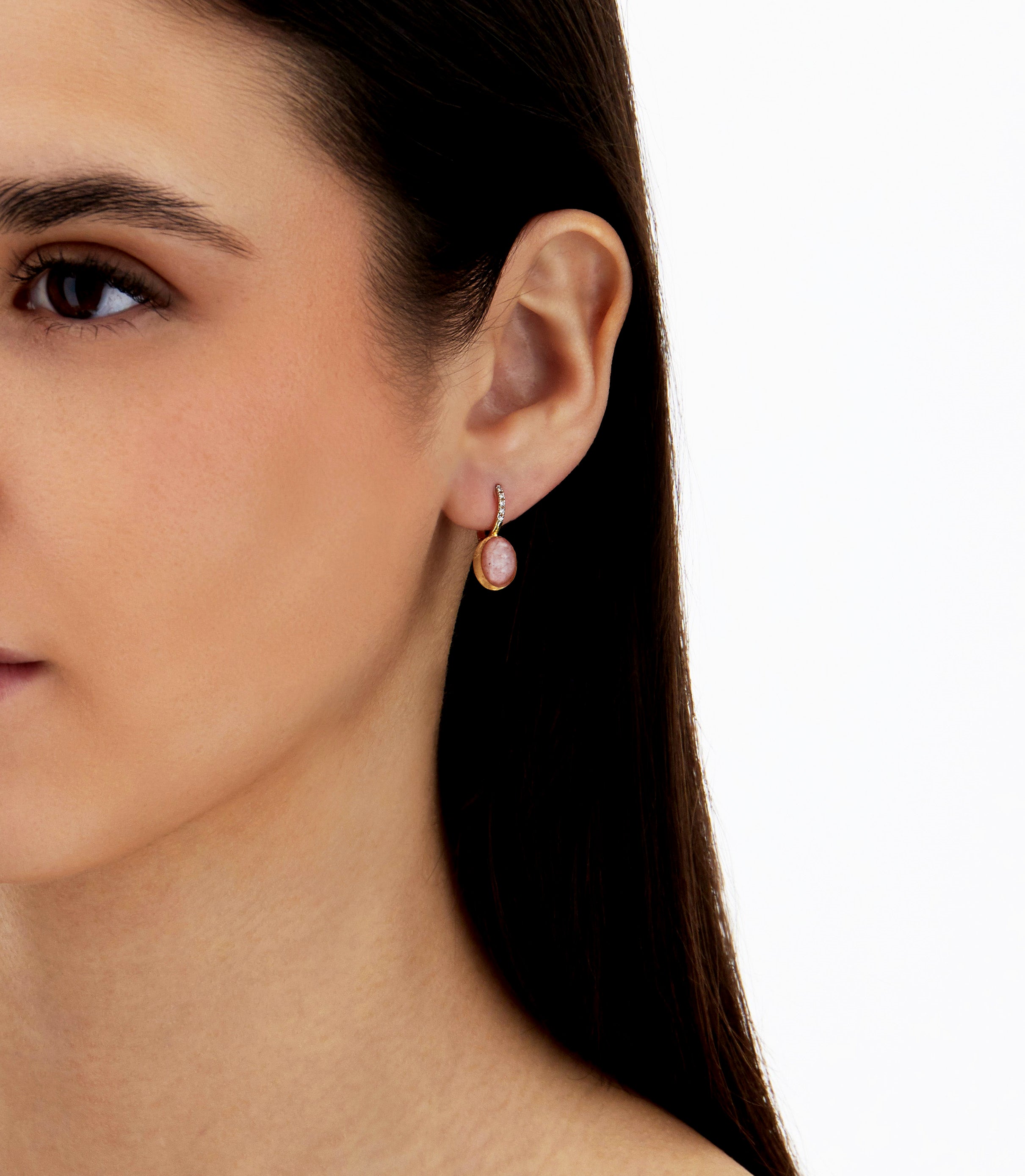 "Boules" Rosolio Ciliegine gold, rock crystal, strawberry quartz, and mother-of-pearl ball drop earrings with diamonds details (Small)
