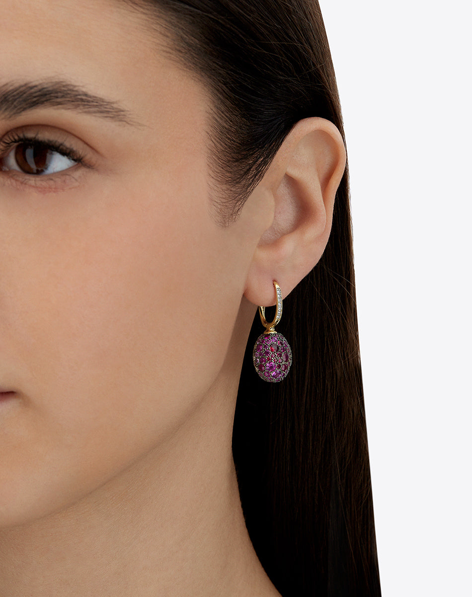 "Reverse" Ciliegine Gold, Pink Sapphires, Rubies, White Australian Opal and Diamonds Double-face Ball Drop Earrings (MEDIUM)