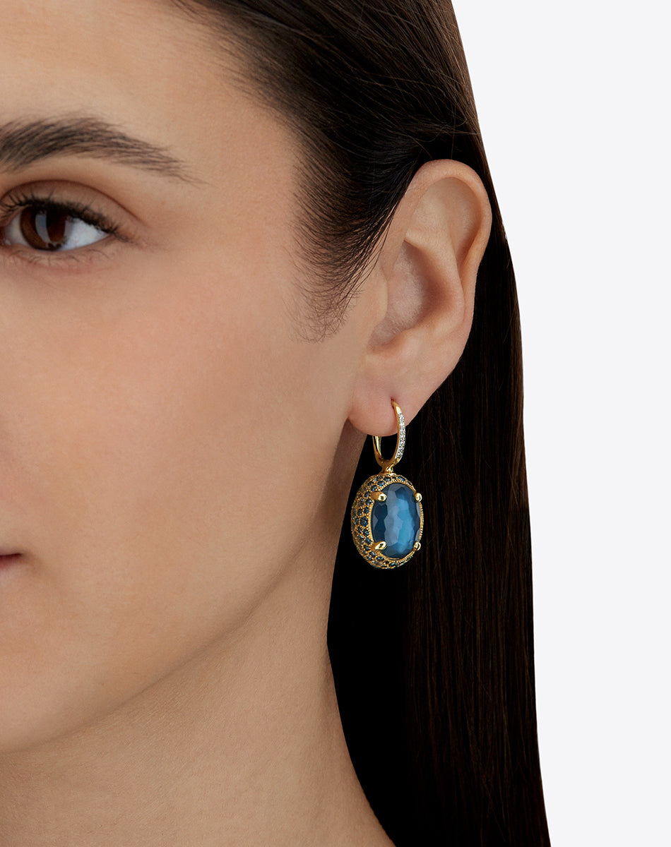 "Reverse" Ciliegine Gold, Blue Diamonds, Swiss Blue Topaz, Green Sapphires and London Blue Topaz Double-face Ball Drop Earrings (LARGE)