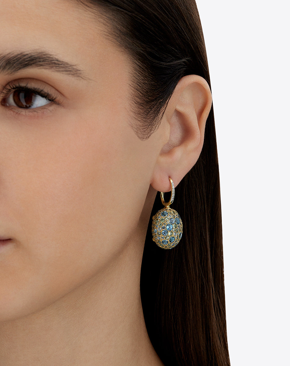 "Reverse" Ciliegine Gold, Blue Diamonds, Swiss Blue Topaz, Green Sapphires and London Blue Topaz Double-face Ball Drop Earrings (LARGE)