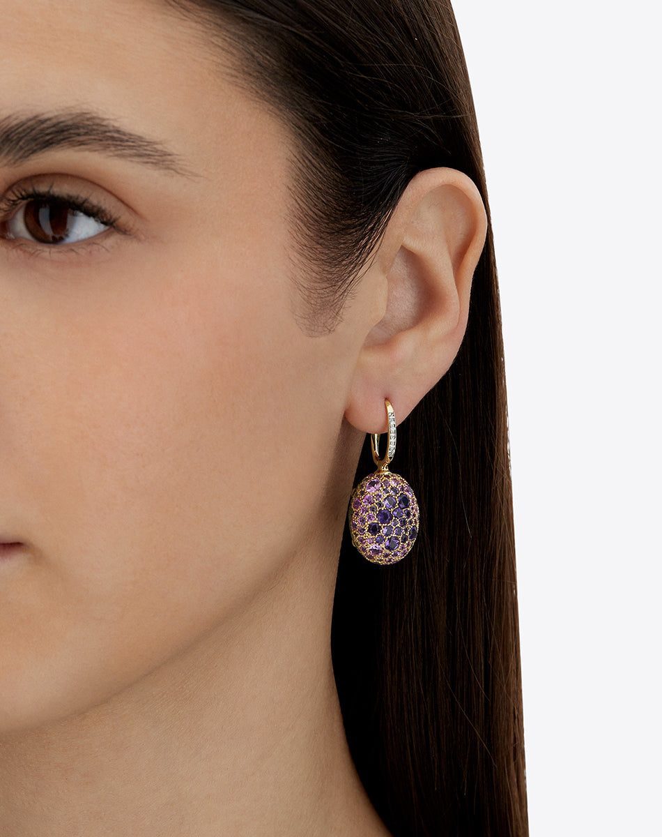 "Reverse" Ciliegine Gold, Sapphire, Tsavorite, Amethyst, Green Labradorite and Rock Crystal Double-face Ball Drop Earrings (LARGE)