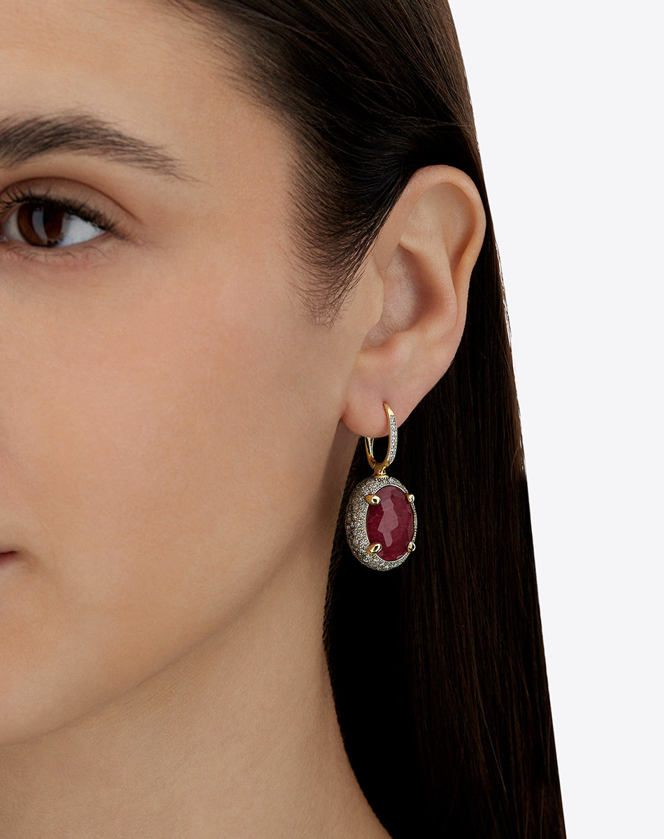 "Reverse" Ciliegine Gold, Diamonds, Rubies and Rock Crystal Double-face Ball Drop earring (LARGE)