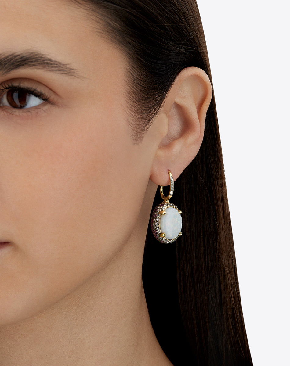 "Reverse" Ciliegine Gold, Pink Sapphires, Rubies, White Australian Opal and Diamonds Double-face Ball Drop Earrings (LARGE)