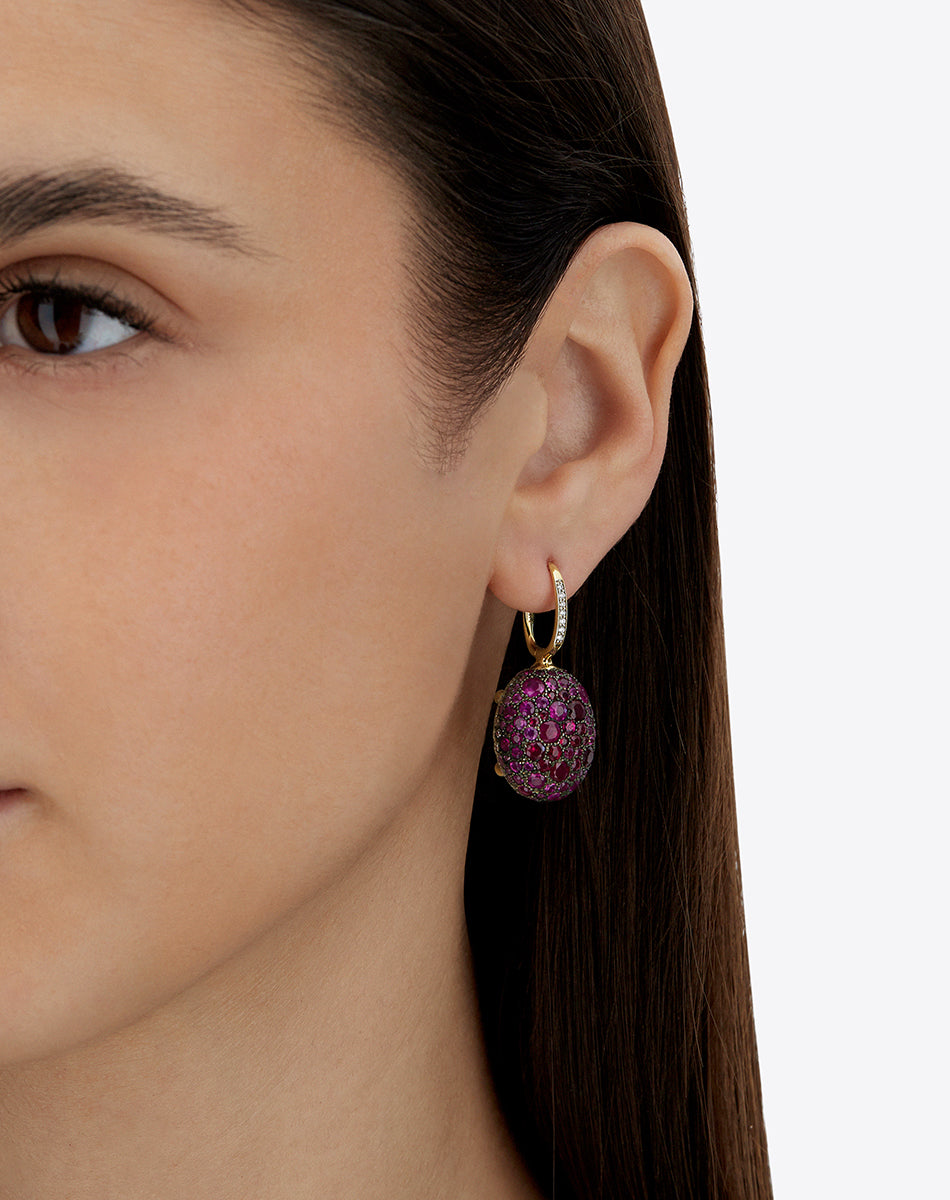 "Reverse" Ciliegine Gold, Pink Sapphires, Rubies, White Australian Opal and Diamonds Double-face Ball Drop Earrings (LARGE)