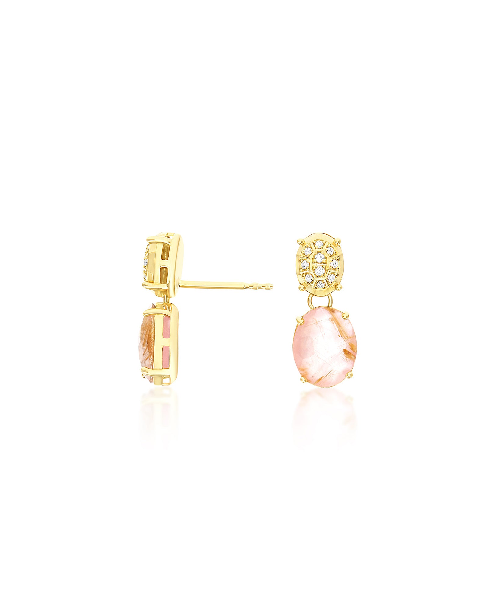 "Ipanema Sol" earrings in polished gold with triplet of rutilated quartz, mother-of-pearl, pink jade and boule with diamonds