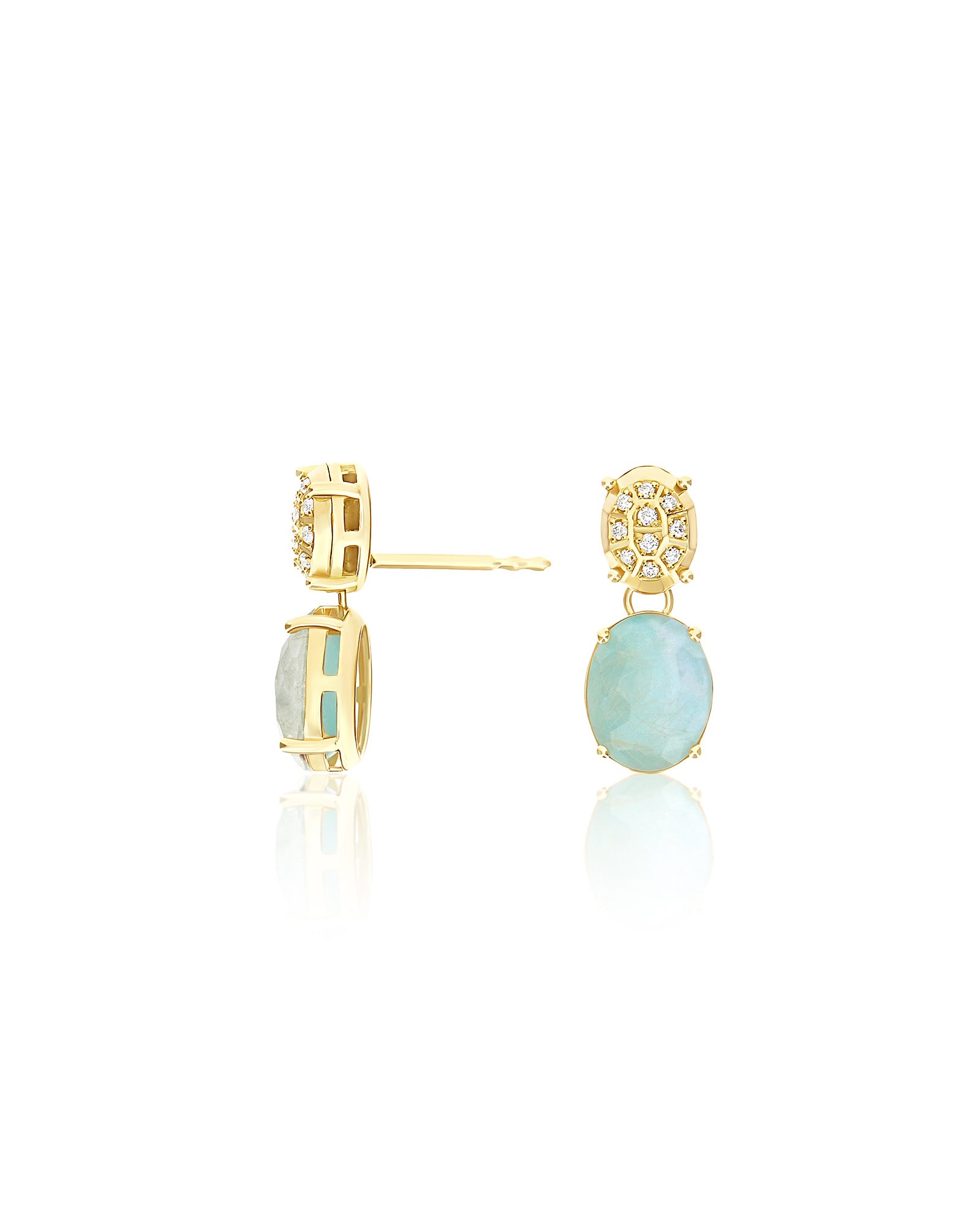 "Ipanema Maré" earrings in polished gold with triplet of rutilated quartz, mother-of-pearl, amazonite and boule with diamonds