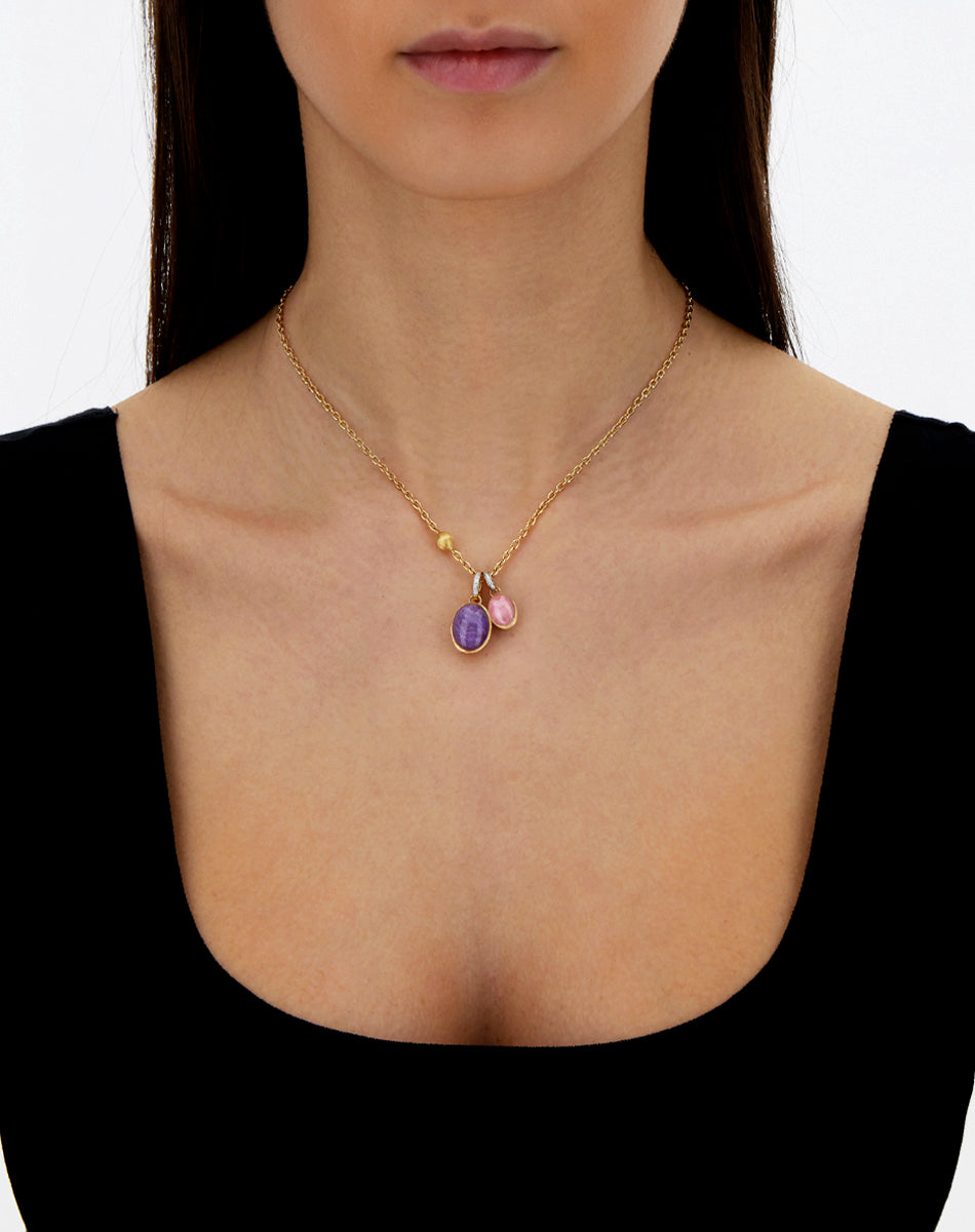 "Boules" Violetta charm in hand-engraved gold, diamonds, lepidolite, and mother-of-pearl (medium)