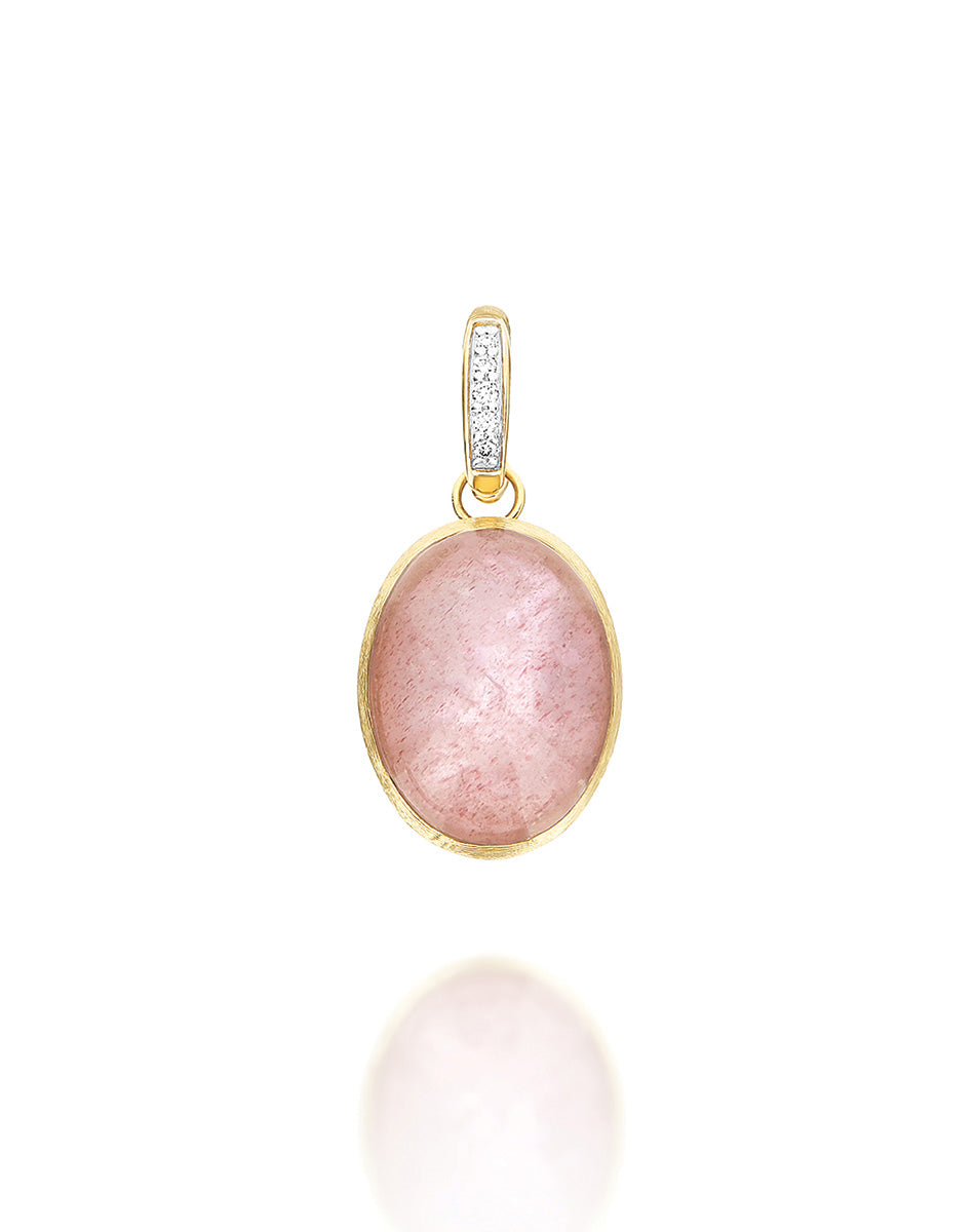 "Boules" Rosolio charm in hand-engraved gold, diamonds, rock crystal, strawberry quartz, and mother-of-pearl (medium)