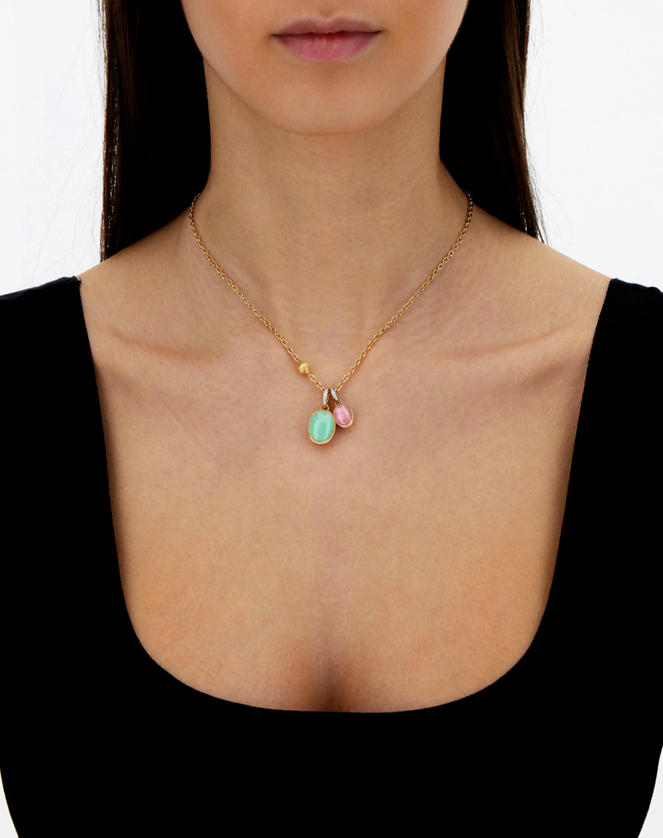 "Boules" Rosolio charm in hand-engraved gold, diamonds, rock crystal, strawberry quartz, and mother-of-pearl (small)