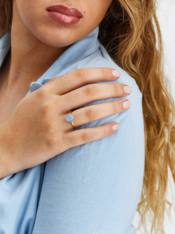 "Azure" Gold, Diamond and Milky Aquamarine Ring (medium)