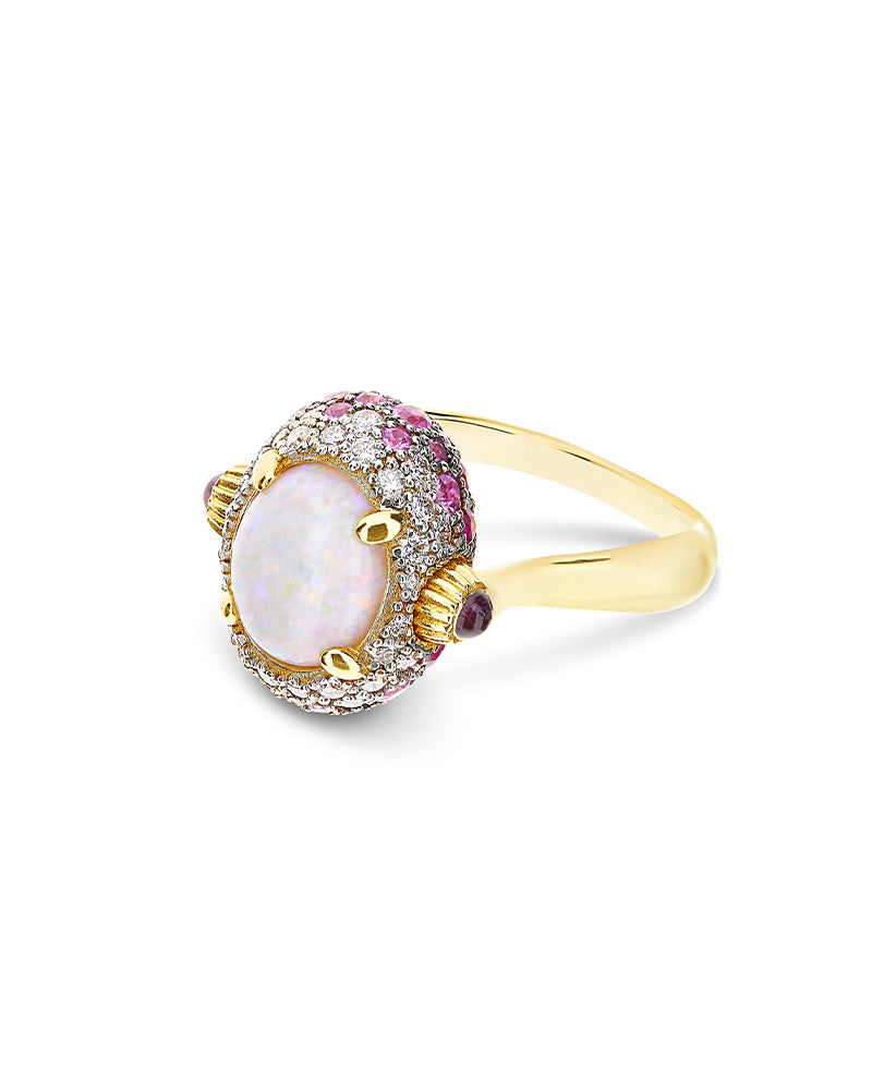 "Reverse" Gold, Pink Sapphires, Rubies, White Australian Opal and Diamonds Double-face Ring (MEDIUM)
