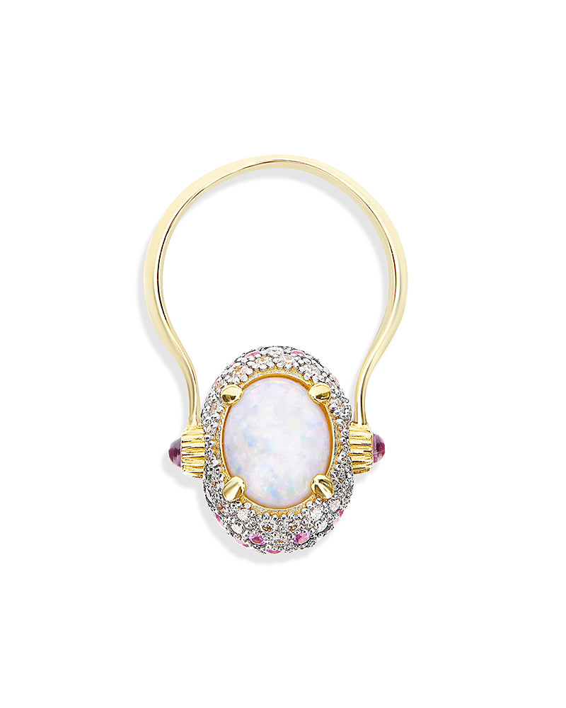 "Reverse" Gold, Pink Sapphires, Rubies, White Australian Opal and Diamonds Double-face Ring (MEDIUM)