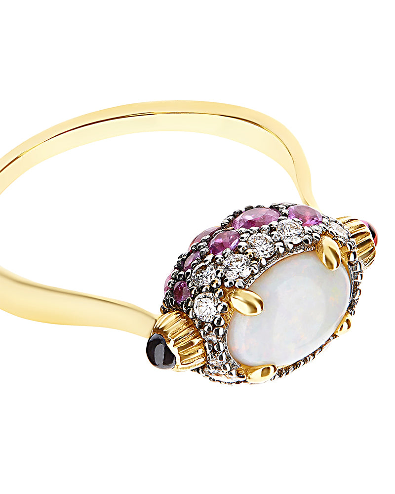 "Reverse" Gold, Pink Sapphires, Rubies, White Australian Opal and Diamonds Double-face Ring (SMALL)