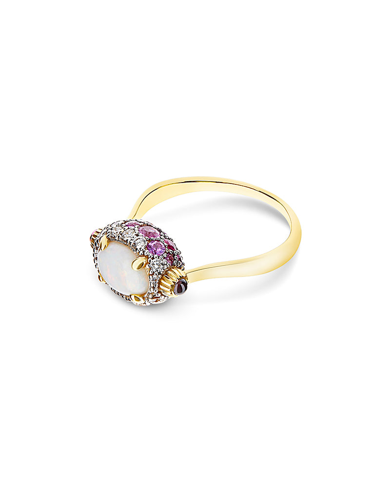 "Reverse" Gold, Pink Sapphires, Rubies, White Australian Opal and Diamonds Double-face Ring (SMALL)