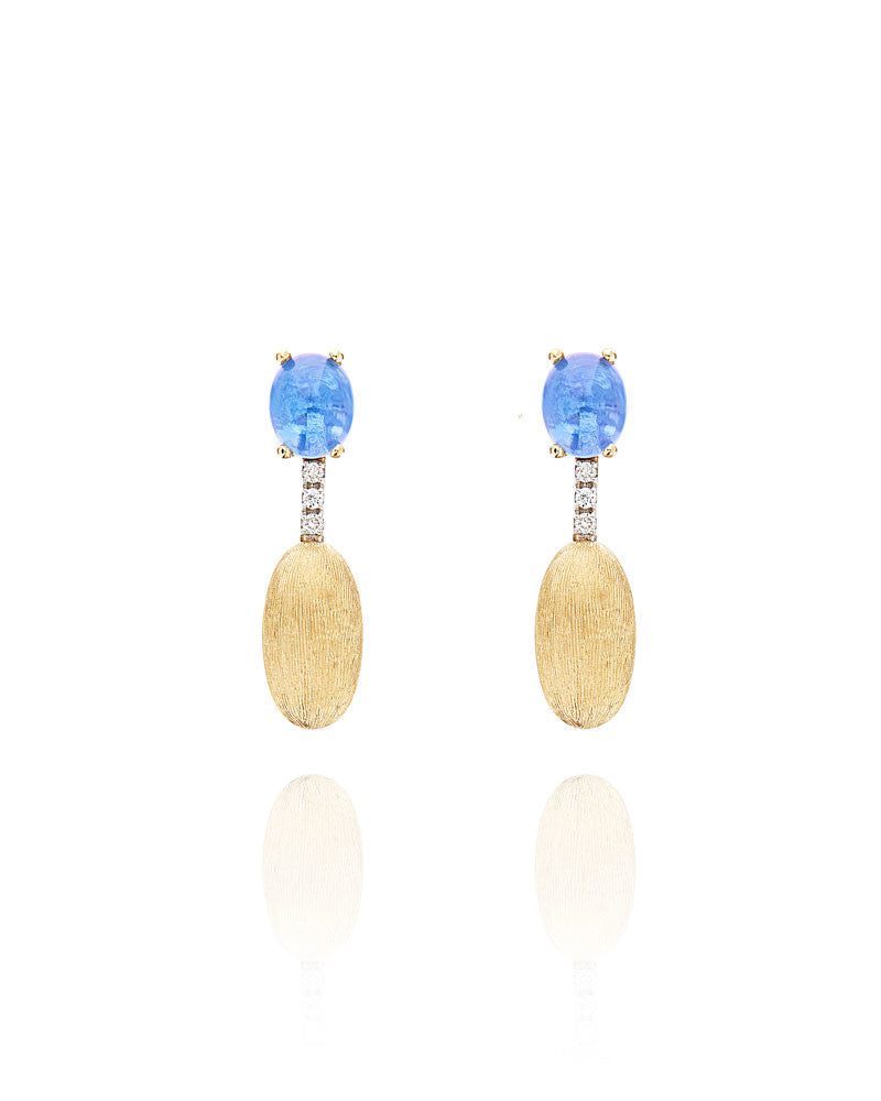 "Azure" Gold, London Blue Topaz boules and diamonds short earrings