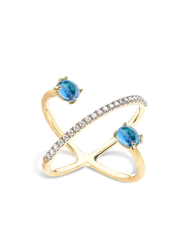 "Azure" Gold, diamonds and London Blue Topaz criss cross ring