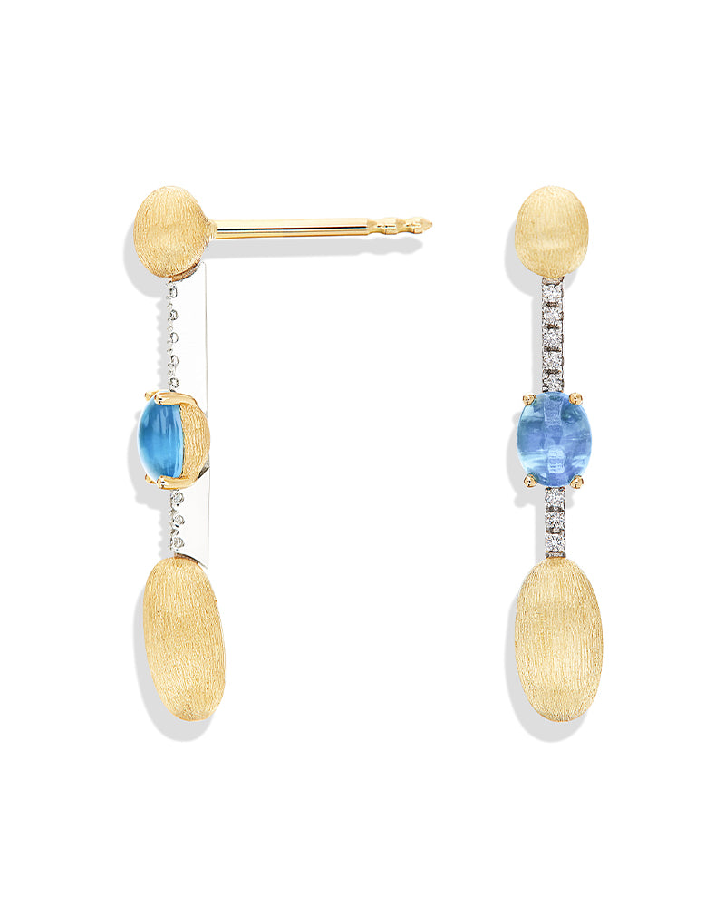 "Azure" Gold, London Blue Topaz and diamonds bars long earrings