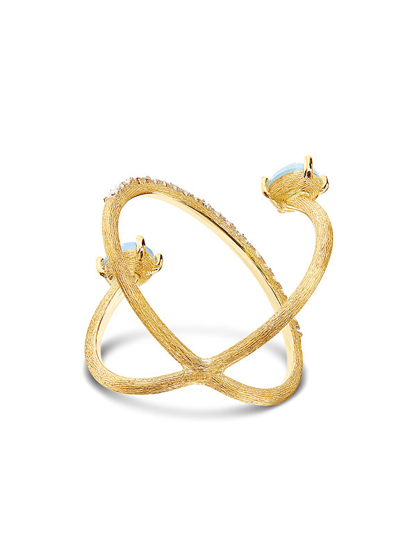 "Azure" Gold, diamonds and Aquamarine criss cross ring
