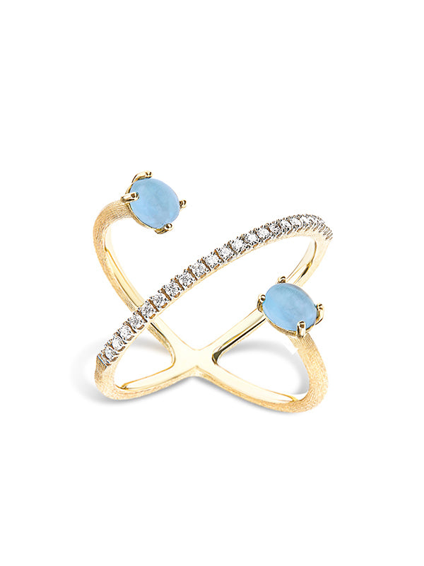 "Azure" Gold, diamonds and Aquamarine criss cross ring