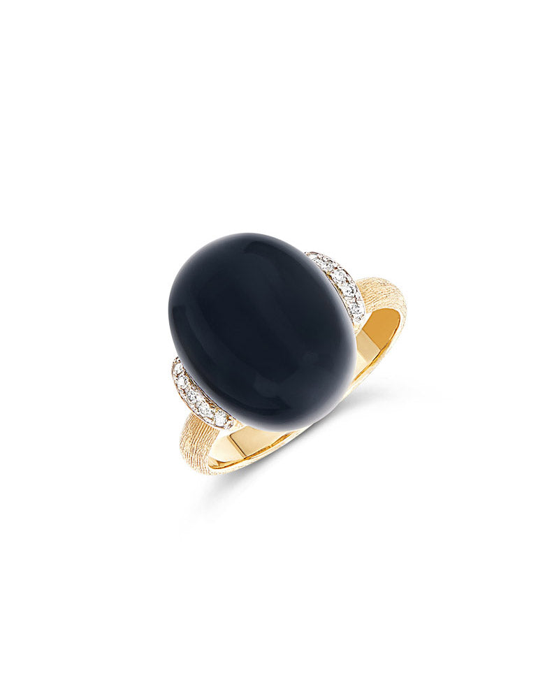 "Mystery Black" Gold and diamonds ring with big Onyx boule