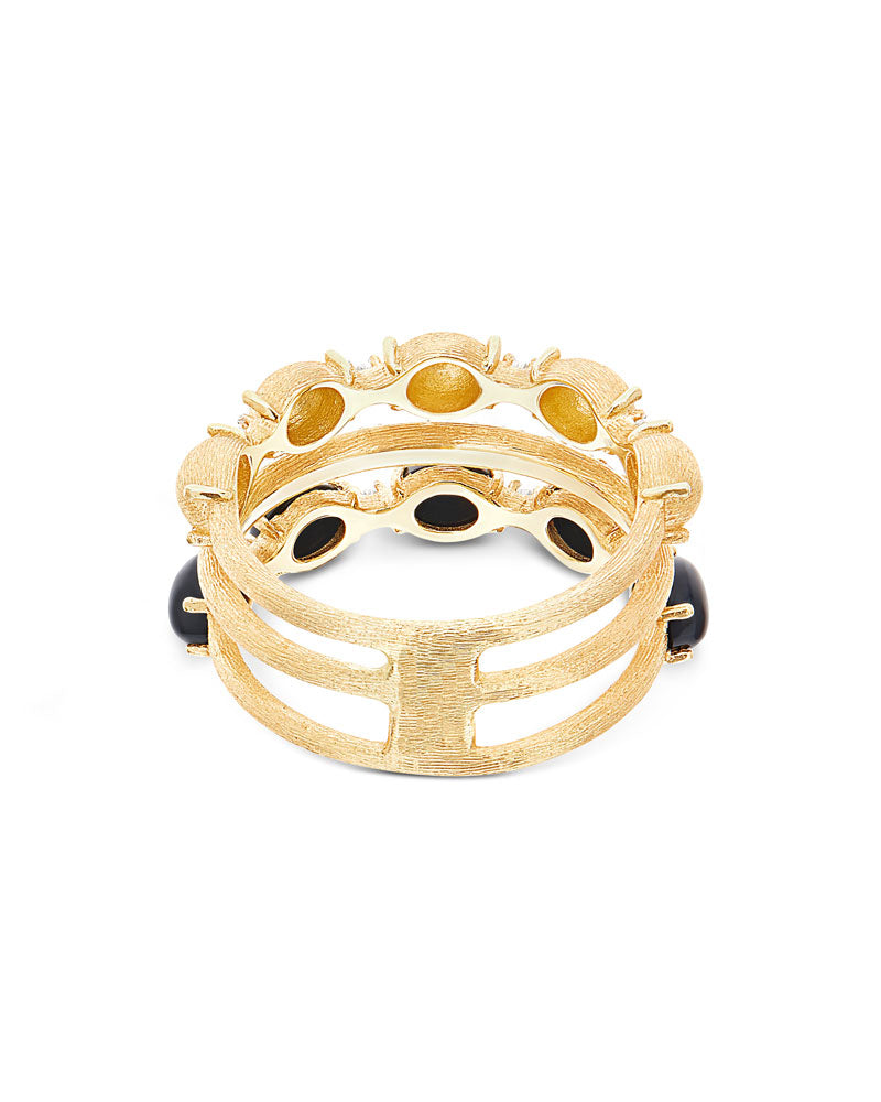 "Mystery Black" Brilliant-cut diamonds pavé, gold and black onyx boules triple-band ring