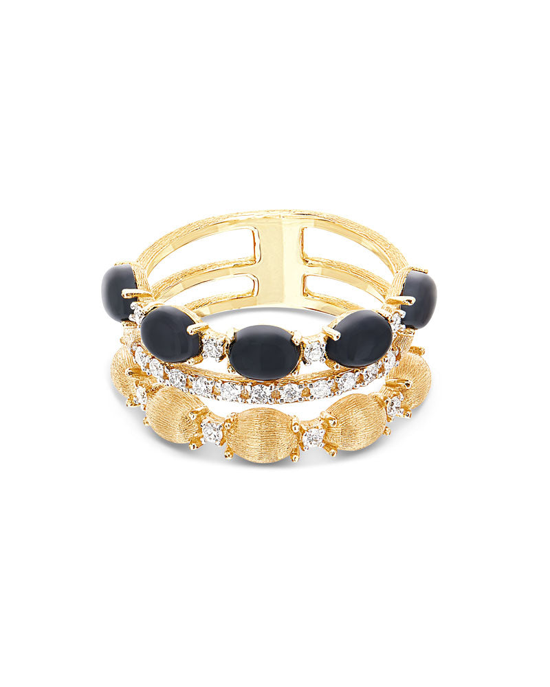 "Mystery Black" Brilliant-cut diamonds pavé, gold and black onyx boules triple-band ring