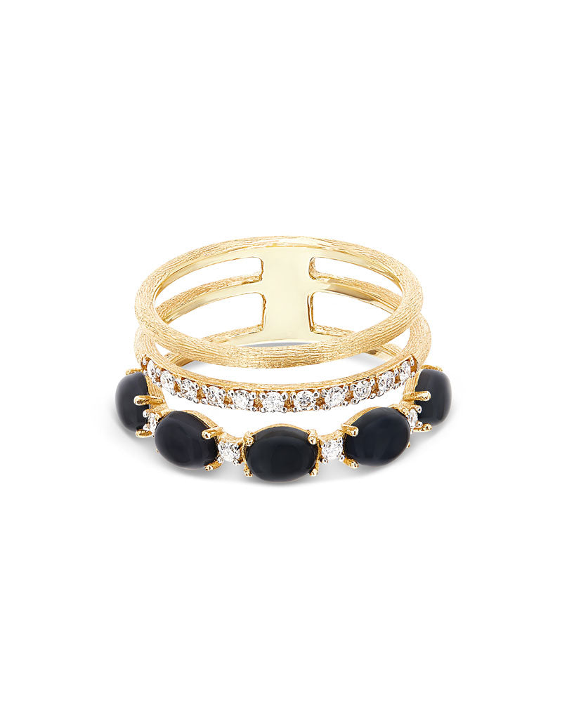 "Mystery Black" Gold, diamonds and black onyx boules triple-band ring