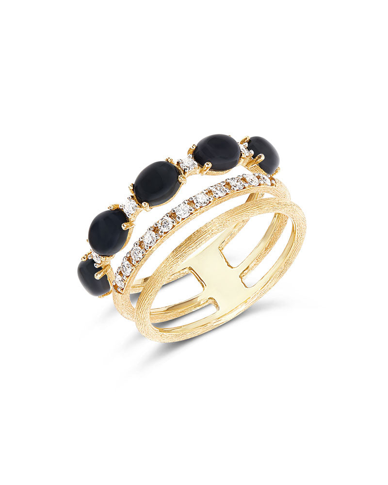 "Mystery Black" Gold, diamonds and black onyx boules triple-band ring