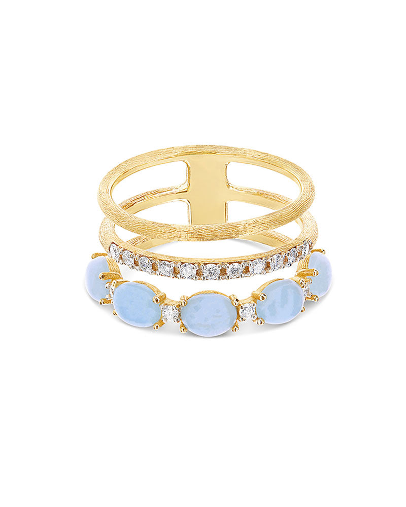 "Azure" Gold, diamonds and Aquamarine triple-band ring