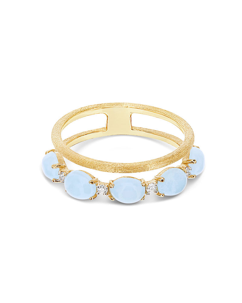 "Azure" Gold, diamonds and Aquamarine double-band ring