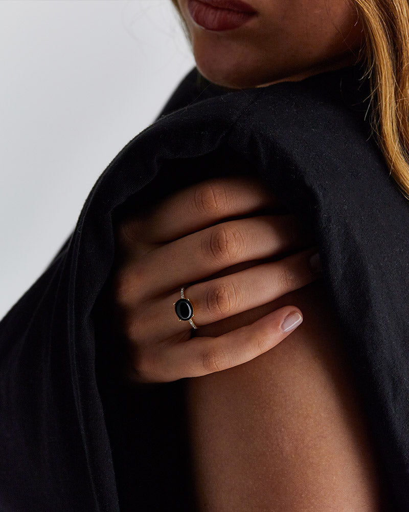 "Mystery Black" Gold, diamonds and Black Onyx stackable ring