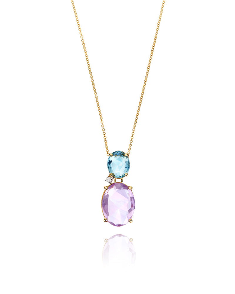 "Ipanema " Gold, Amethyst, Blue topaz and diamonds pendant