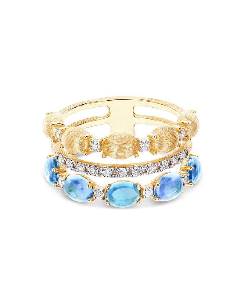 "Azure" Gold, diamonds and London Blue Topaz triple-band ring