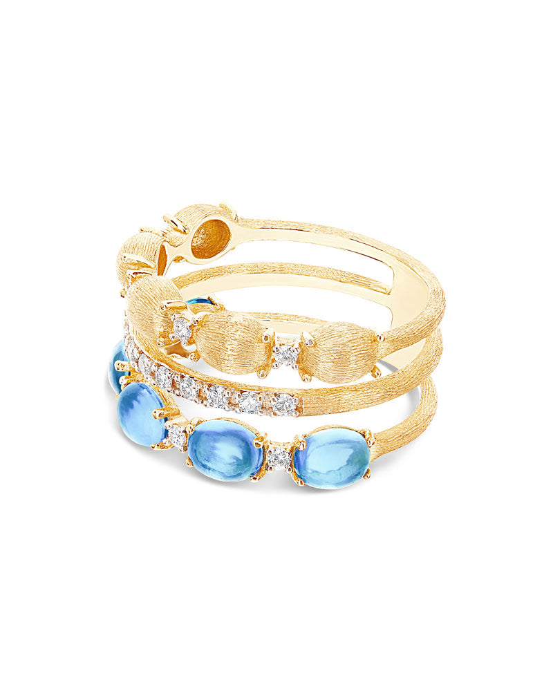 "Azure" Gold, diamonds and London Blue Topaz triple-band ring